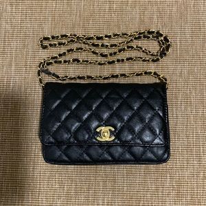 Designer inspired wallet on a chain woc black quilted bag